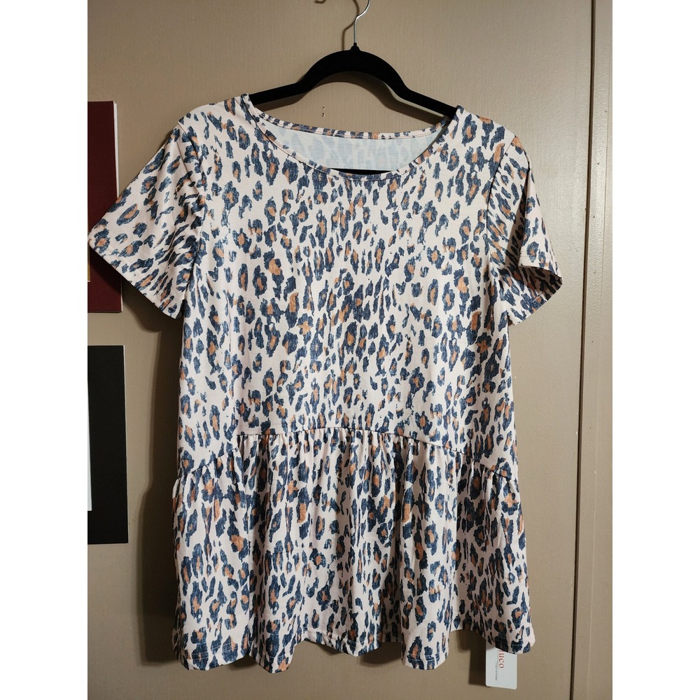 Hibluco Leopard Print Peplum Top Medium Tan‎ Black